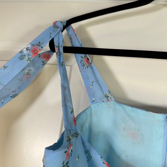 Light Blue Floral Tie Shoulder Slit Midi Dress - NEW - Picture 10 of 16